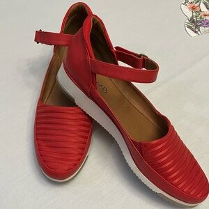 BareTraps Red Flats with Ankle Strap and Textured Design